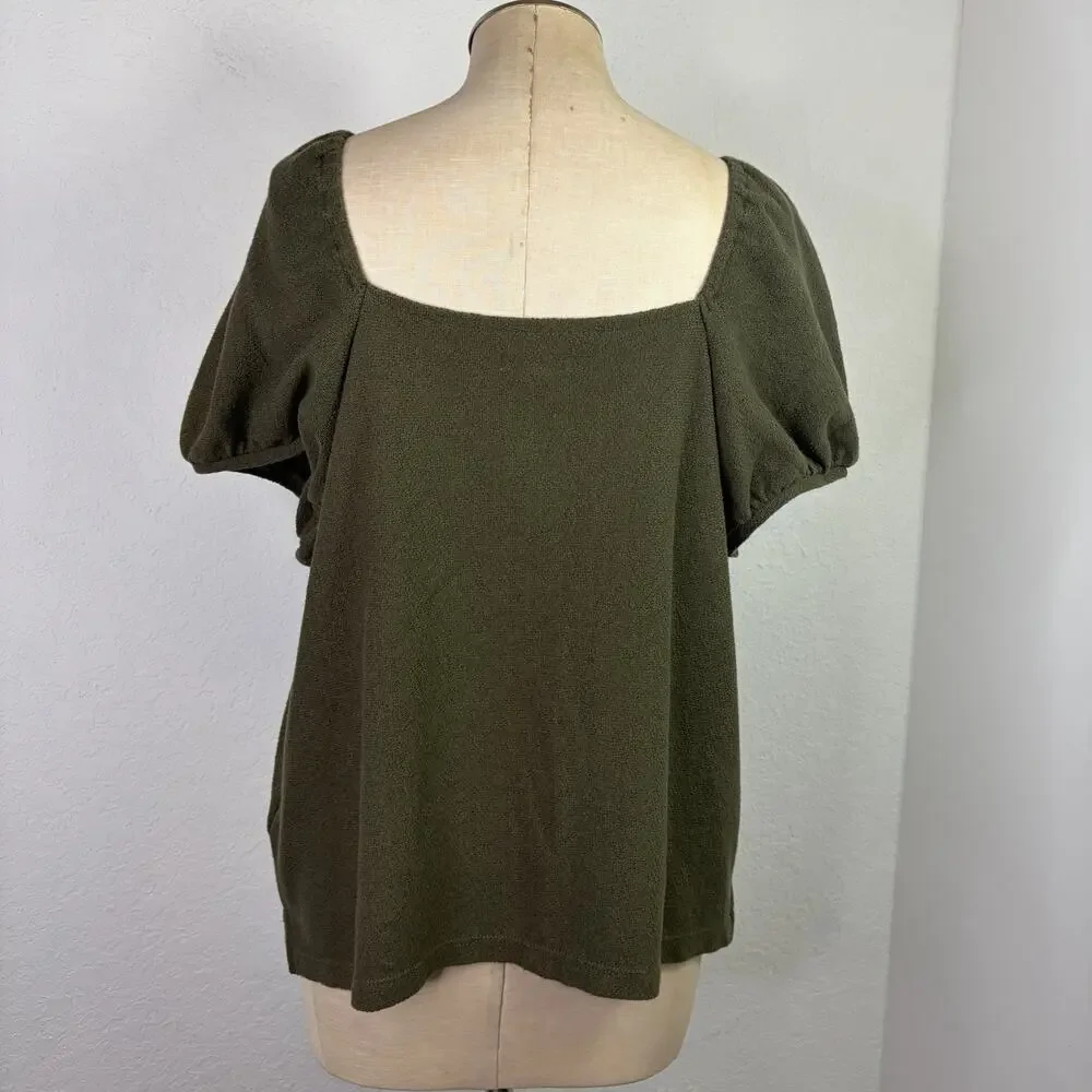 Madewell Jacquard square-neck puff sleeve top Green Size L, button front, casual